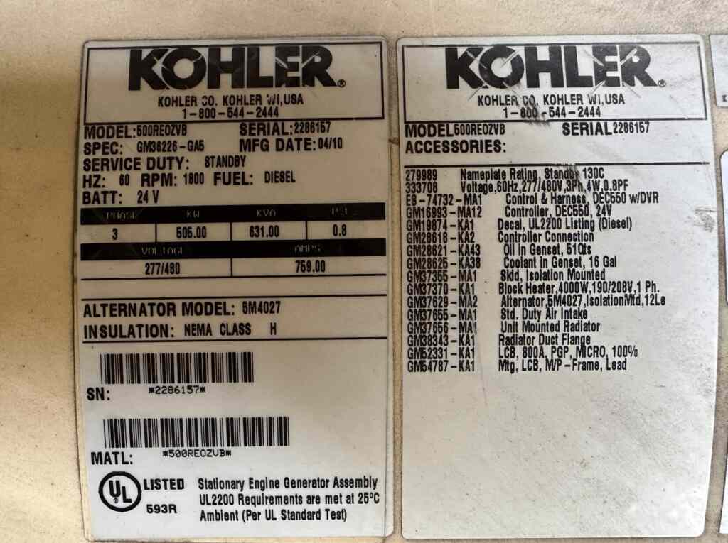 Kohler 500REOZVB Standby Diesel Generator - Tier 2